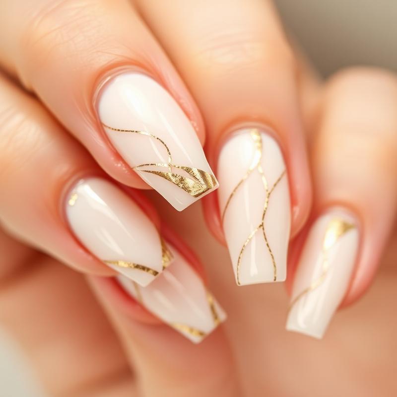 Nude gold-streaked nail art